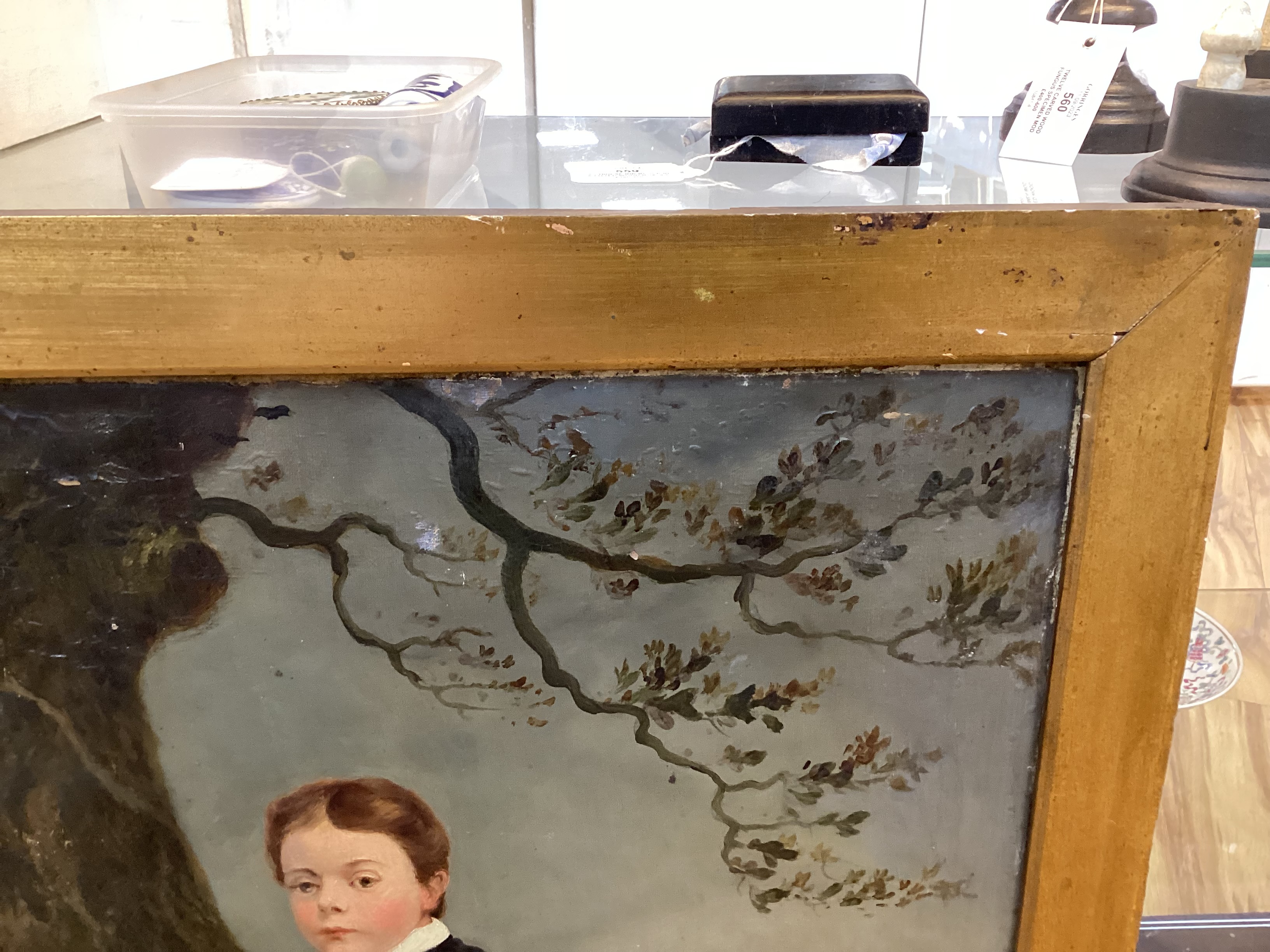 Victorian School, oil on canvas, Boy with his dog before a landscape, indistinctly signed and dated 1877, 60 x 50cm